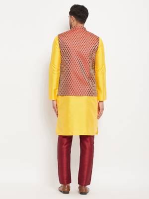 Yellow And Maroon Silk Blend Jacket, Kurta And Pyjama Set 3