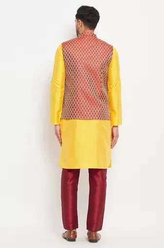 Yellow And Maroon Silk Blend Jacket, Kurta And Pyjama Set