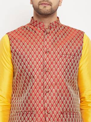 Yellow And Maroon Silk Blend Jacket, Kurta And Pyjama Set 4