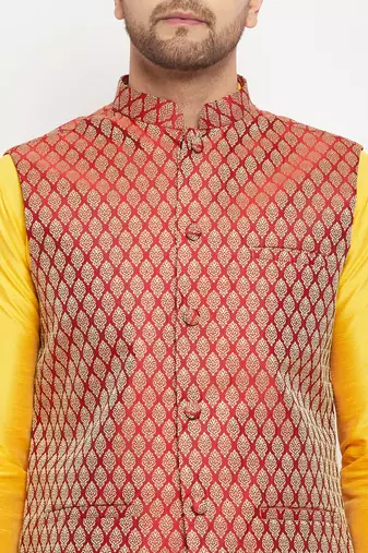 Yellow And Maroon Silk Blend Jacket, Kurta And Pyjama Set