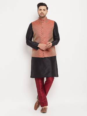 Gold And Maroon Silk Blend Jacket, Kurta And Pyjama Set 1