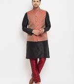 Gold And Maroon Silk Blend Jacket, Kurta And Pyjama Set