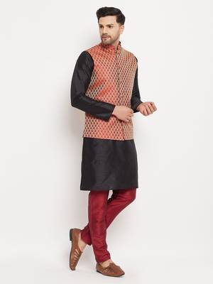 Gold And Maroon Silk Blend Jacket, Kurta And Pyjama Set 2