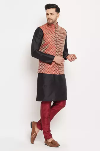 Gold And Maroon Silk Blend Jacket, Kurta And Pyjama Set
