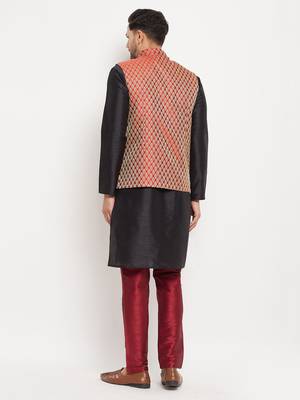 Gold And Maroon Silk Blend Jacket, Kurta And Pyjama Set 3