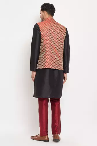 Gold And Maroon Silk Blend Jacket, Kurta And Pyjama Set