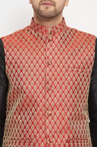 Gold And Maroon Silk Blend Jacket, Kurta And Pyjama Set