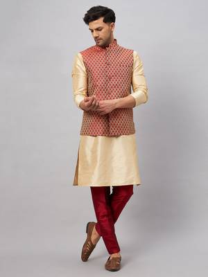 Gold And Maroon Silk Blend Jacket, Kurta And Pyjama Set 1