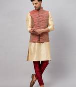 Gold And Maroon Silk Blend Jacket, Kurta And Pyjama Set