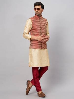 Gold And Maroon Silk Blend Jacket, Kurta And Pyjama Set 2