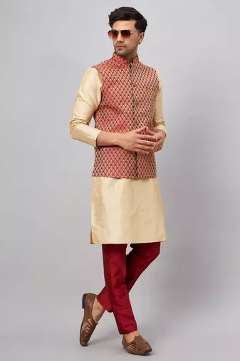 Gold And Maroon Silk Blend Jacket, Kurta And Pyjama Set