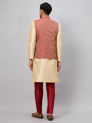 Gold And Maroon Silk Blend Jacket, Kurta And Pyjama Set 3