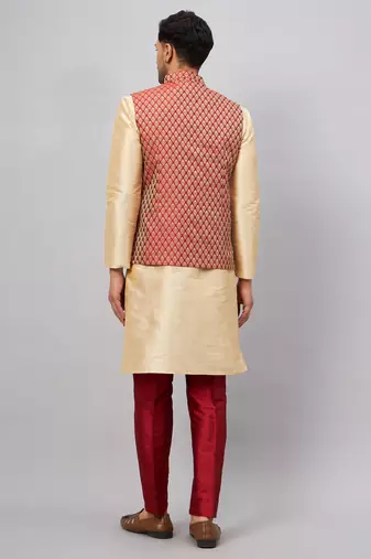 Gold And Maroon Silk Blend Jacket, Kurta And Pyjama Set