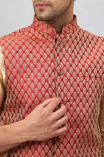Gold And Maroon Silk Blend Jacket, Kurta And Pyjama Set
