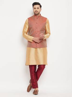 Rose Gold And Maroon Silk Blend Jacket, Kurta And Pyjama Set 1
