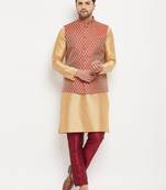 Rose Gold And Maroon Silk Blend Jacket, Kurta And Pyjama Set