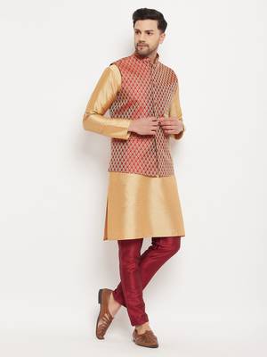 Rose Gold And Maroon Silk Blend Jacket, Kurta And Pyjama Set 2