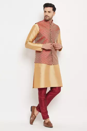 Rose Gold And Maroon Silk Blend Jacket, Kurta And Pyjama Set