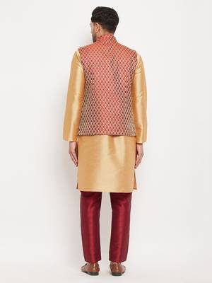 Rose Gold And Maroon Silk Blend Jacket, Kurta And Pyjama Set 3