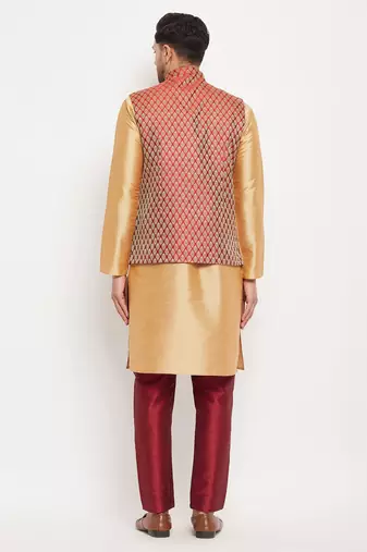 Rose Gold And Maroon Silk Blend Jacket, Kurta And Pyjama Set