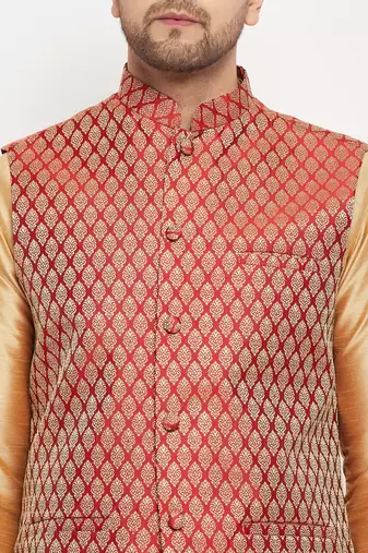 Rose Gold And Maroon Silk Blend Jacket, Kurta And Pyjama Set