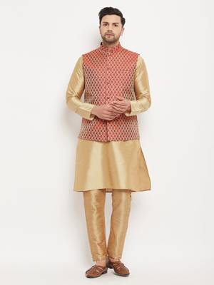 Maroon And Rose Gold Silk Blend Jacket, Kurta And Pyjama Set 1