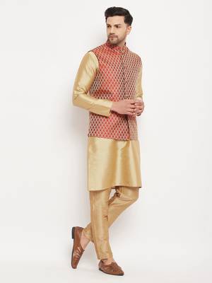 Maroon And Rose Gold Silk Blend Jacket, Kurta And Pyjama Set 2