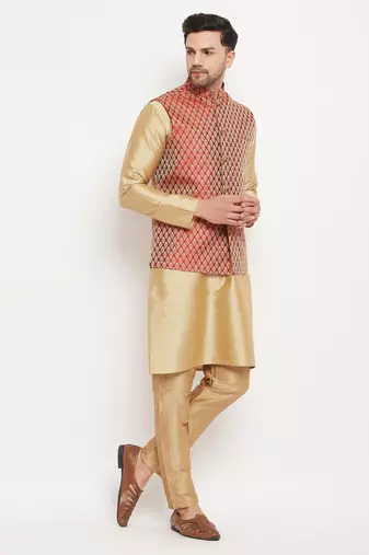 Maroon And Rose Gold Silk Blend Jacket, Kurta And Pyjama Set