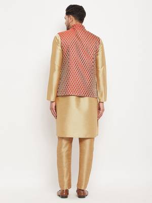 Maroon And Rose Gold Silk Blend Jacket, Kurta And Pyjama Set 3