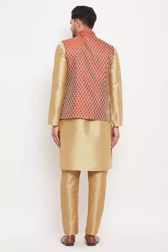 Maroon And Rose Gold Silk Blend Jacket, Kurta And Pyjama Set