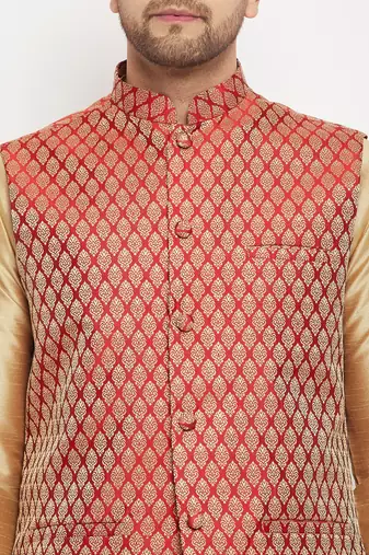 Maroon And Rose Gold Silk Blend Jacket, Kurta And Pyjama Set
