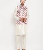 Cream Silk Blend Jacket, Kurta And Pyjama Set