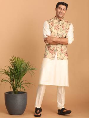 Cream And Brown Silk Blend Jacket, Kurta And Pyjama Set 1