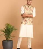Cream And Brown Silk Blend Jacket, Kurta And Pyjama Set