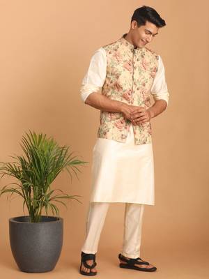 Cream And Brown Silk Blend Jacket, Kurta And Pyjama Set 2