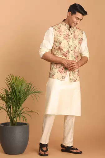 Cream And Brown Silk Blend Jacket, Kurta And Pyjama Set