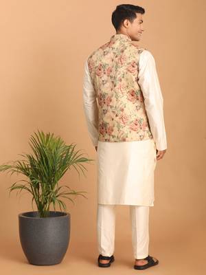 Cream And Brown Silk Blend Jacket, Kurta And Pyjama Set 3