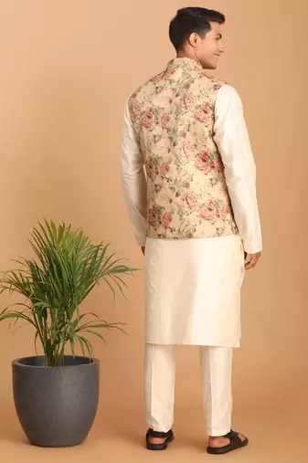 Cream And Brown Silk Blend Jacket, Kurta And Pyjama Set