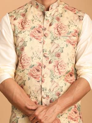Cream And Brown Silk Blend Jacket, Kurta And Pyjama Set 4