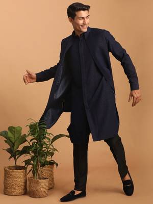 Navy Blue And Black Cotton Blend Jacket, Kurta And Pyjama Set 1