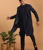 Navy Blue And Black Cotton Blend Jacket, Kurta And Pyjama Set