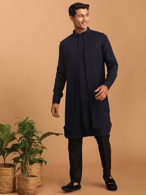 Navy Blue And Black Cotton Blend Jacket, Kurta And Pyjama Set 2