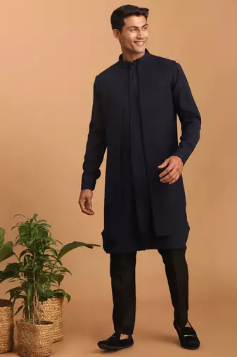 Navy Blue And Black Cotton Blend Jacket, Kurta And Pyjama Set
