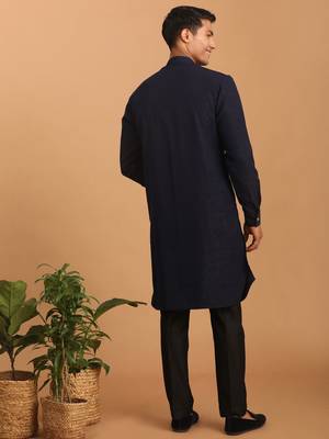 Navy Blue And Black Cotton Blend Jacket, Kurta And Pyjama Set 3