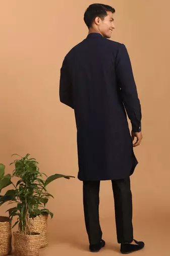 Navy Blue And Black Cotton Blend Jacket, Kurta And Pyjama Set