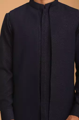 Navy Blue And Black Cotton Blend Jacket, Kurta And Pyjama Set