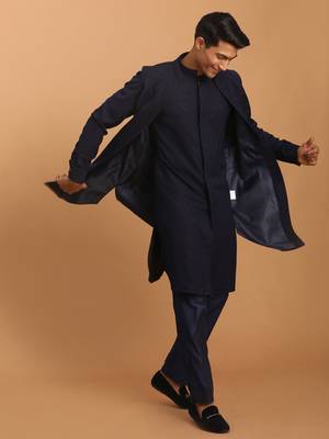 Navy Blue Cotton Blend Jacket, Kurta And Pyjama Set 1
