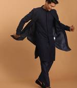 Navy Blue Cotton Blend Jacket, Kurta And Pyjama Set