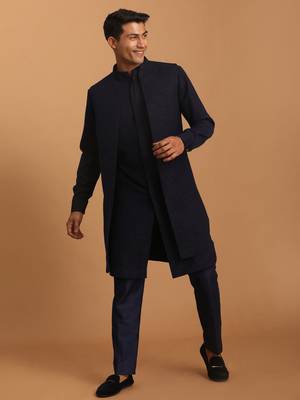 Navy Blue Cotton Blend Jacket, Kurta And Pyjama Set 2