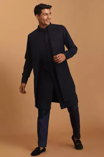 Navy Blue Cotton Blend Jacket, Kurta And Pyjama Set